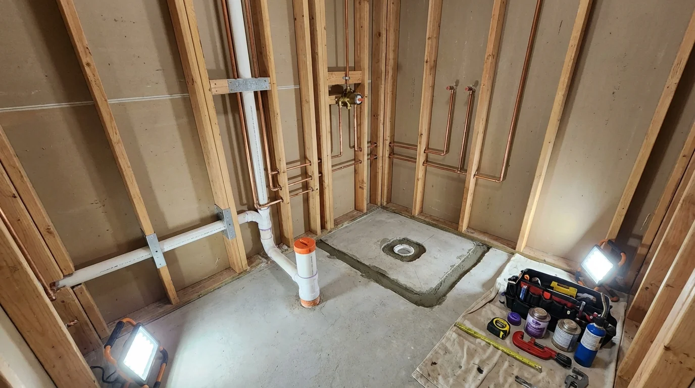 Bathroom rough-in plumbing during remodel by Johns Plumbing LLC in Alice