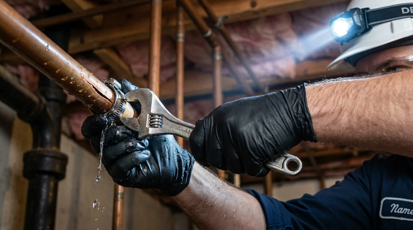 Emergency pipe clamp repair being performed by a Johns Plumbing LLC plumber in Alice