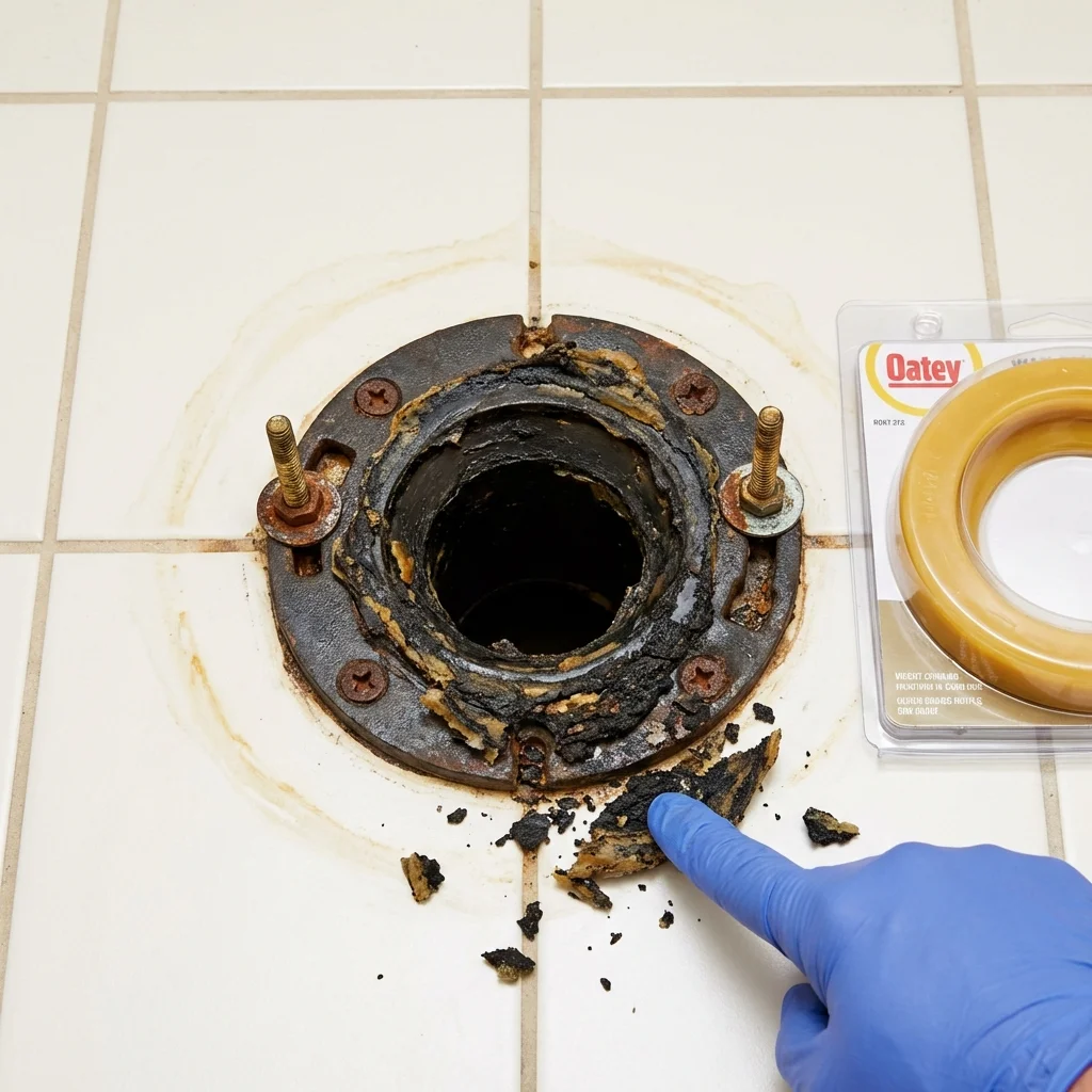 Failed wax ring showing water seepage at the base of a toilet in a Alice, TX home