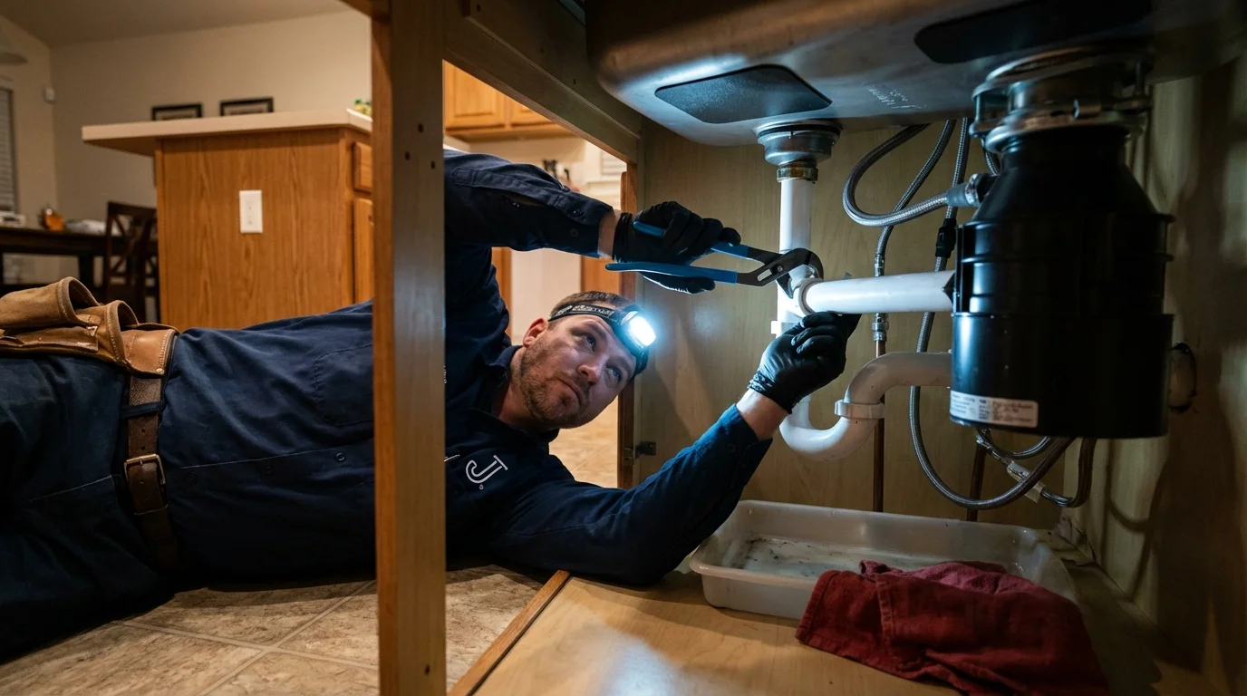 P-trap and supply line connections under a kitchen sink showing a common leak point in Alice, TX